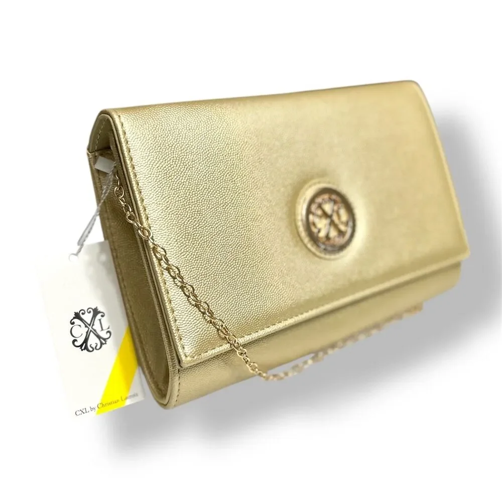 New CXL by Christian Lacroix Gold Paris Caviar Clutch Crossbody Detachable Chain